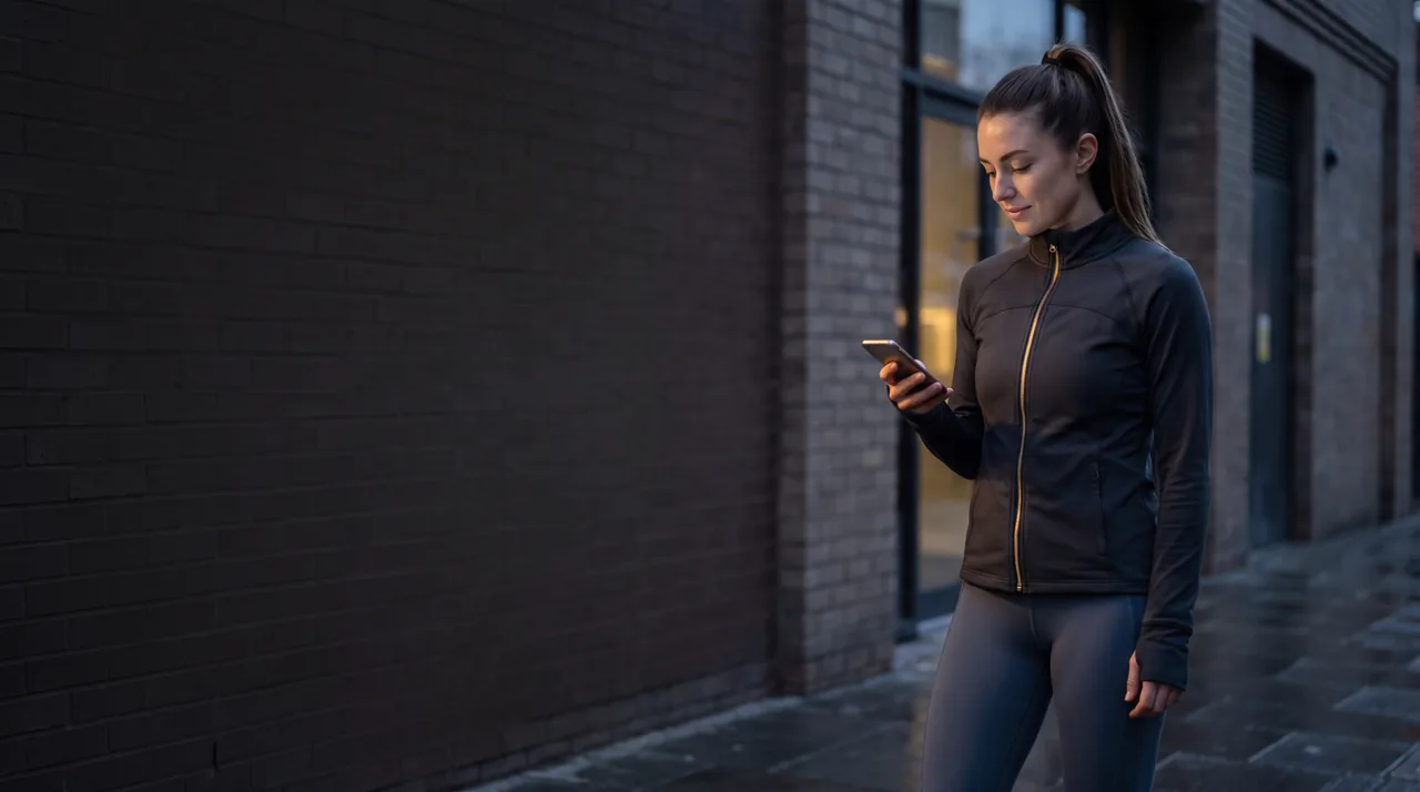 A customer looking something up on her phone outside a shop at dusk.
