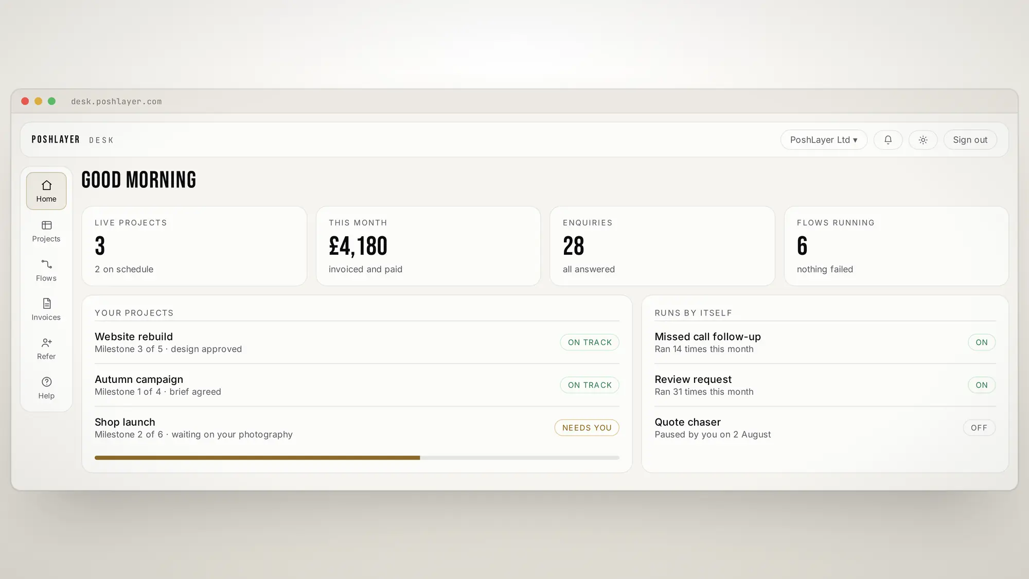 PoshLayer Desk in a browser, in the light theme.