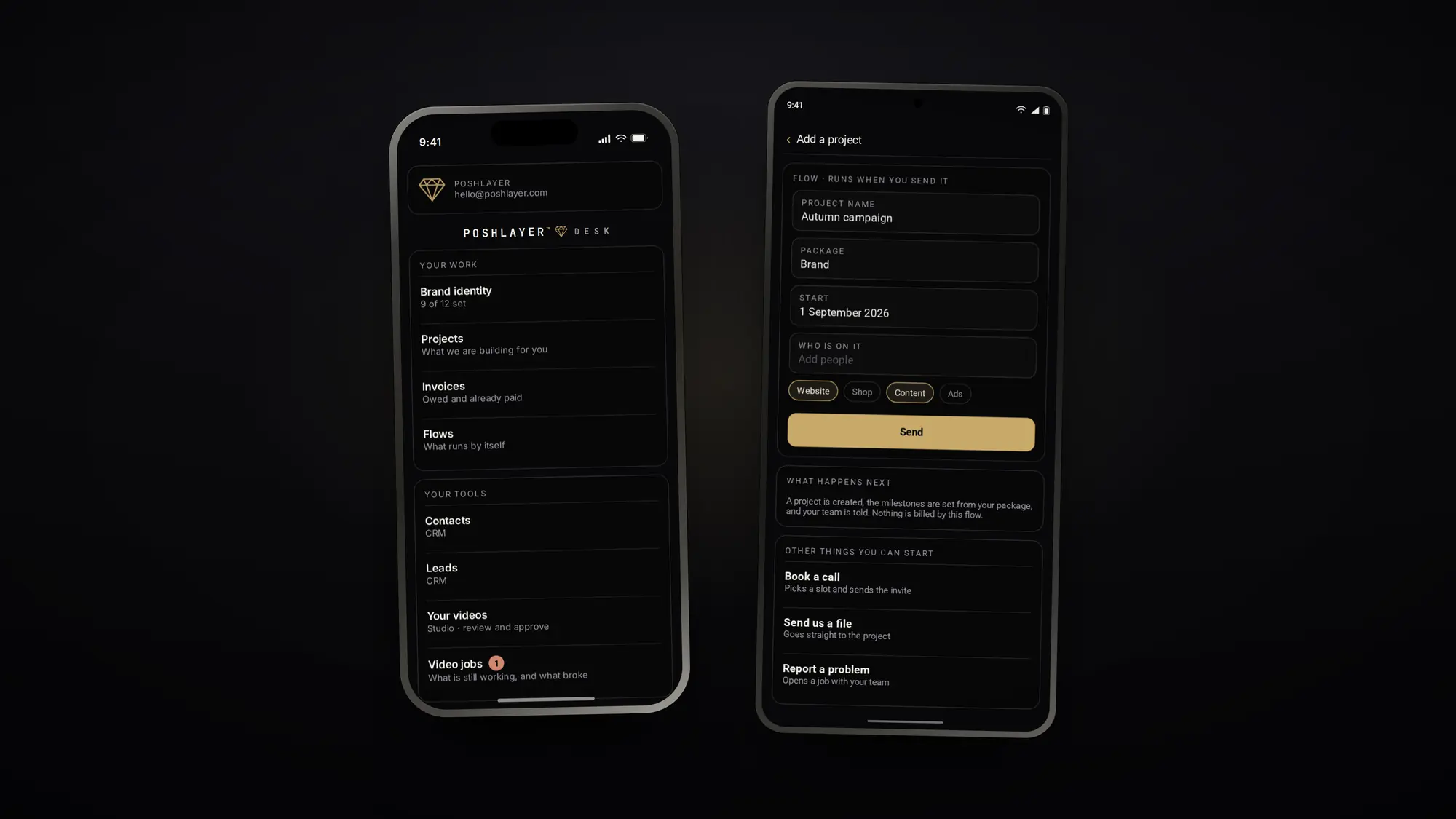 Two phones side by side: an iPhone showing the Desk home screen, and an Android part-way through adding a project.
