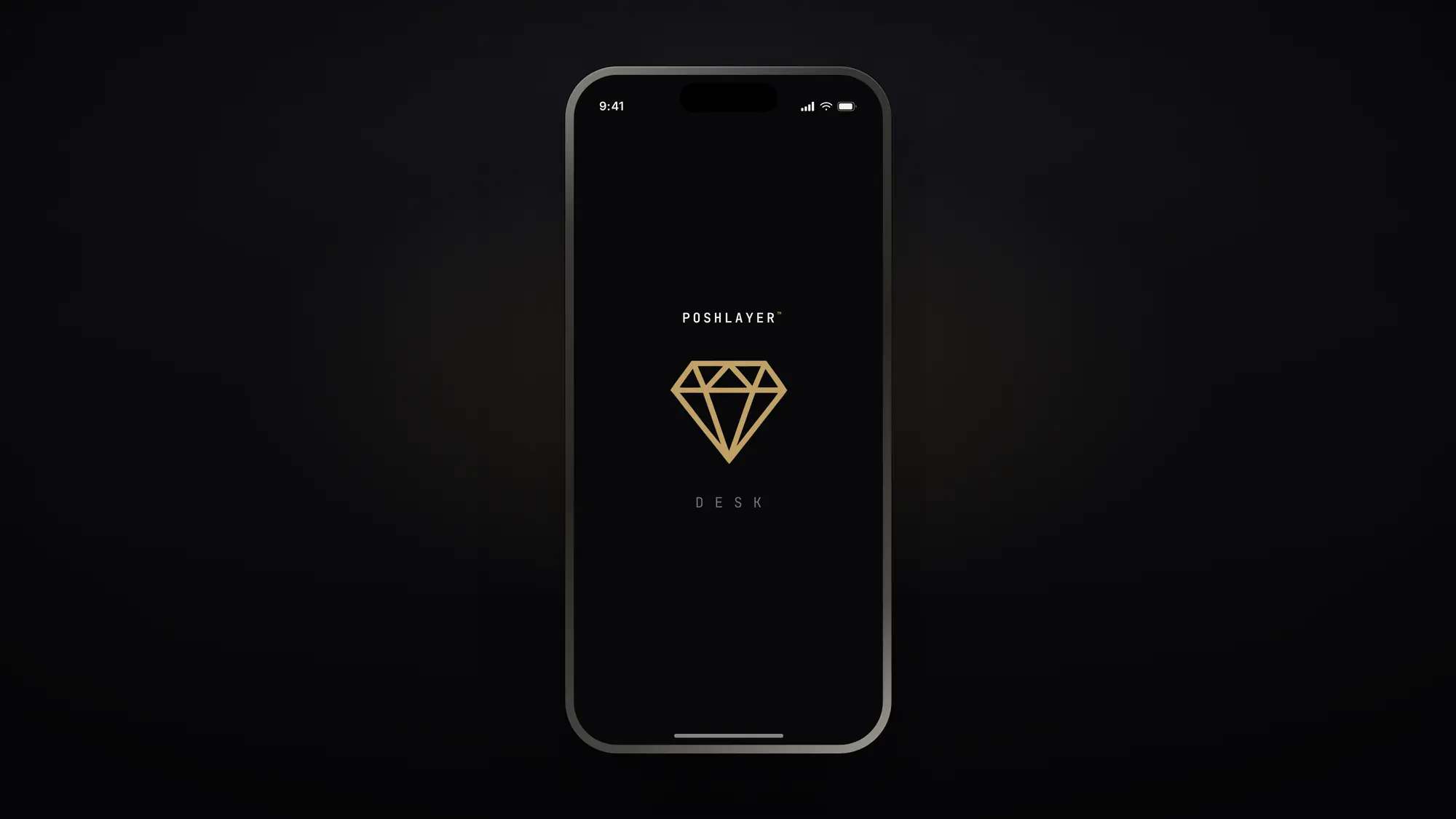 An iPhone showing the PoshLayer Desk opening screen: the wordmark, the gold gem mark, and DESK beneath it.