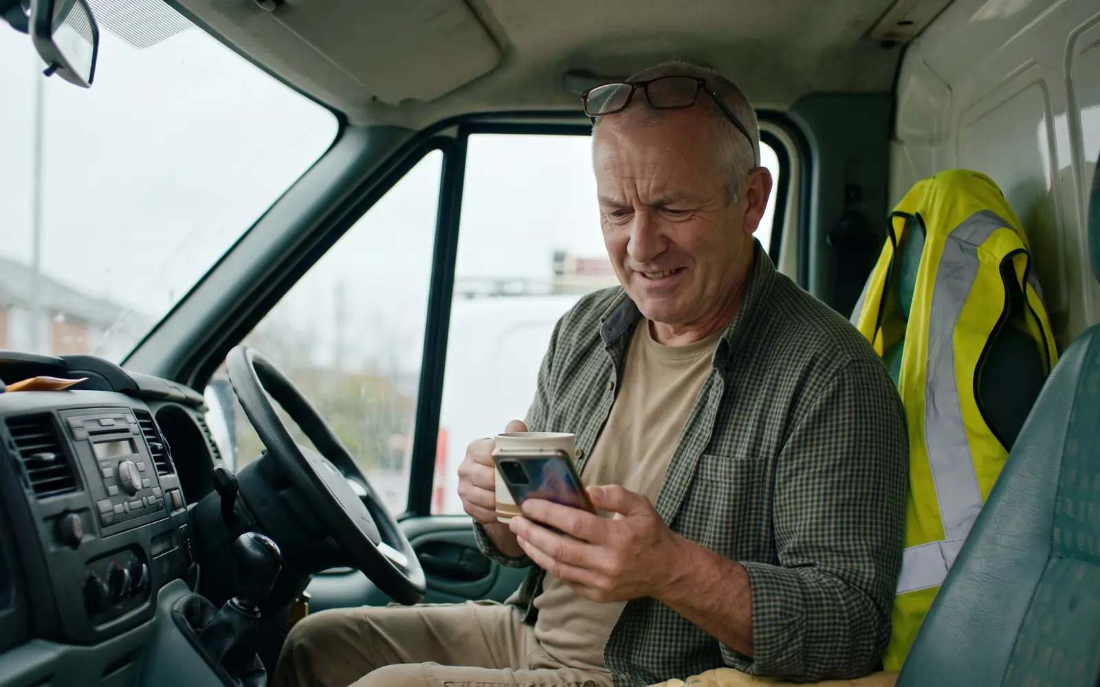 A tradesman in his fifties in the driver's seat of a parked work van with a mug of tea, looking at his phone. A hi-vis jacket over the passenger seat.