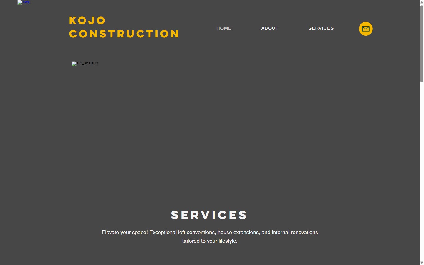 The original KOJO Construction site in 2024 — a basic template with a broken hero image