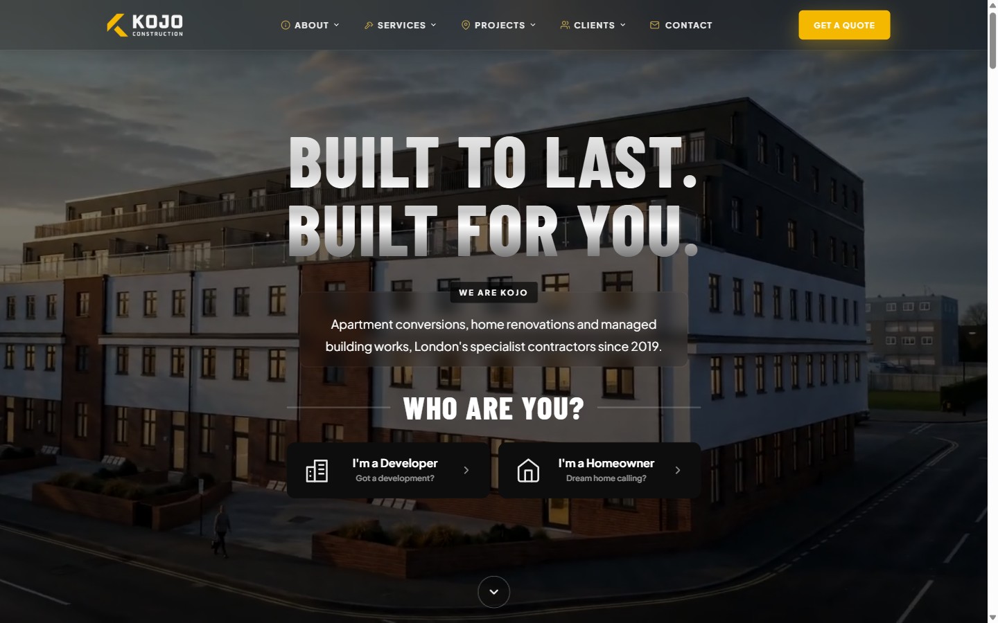 KOJO Construction homepage — Built to Last, Built for You